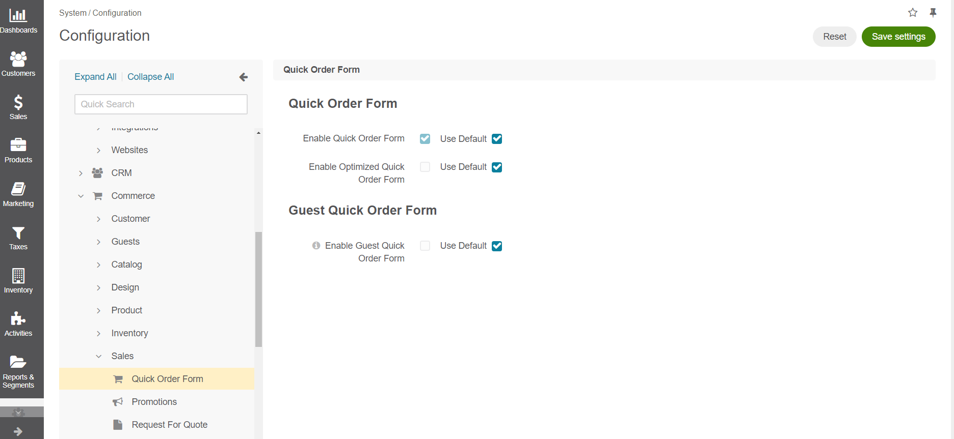 Global quick order form configuration