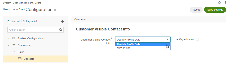 The related user contact configuration settings