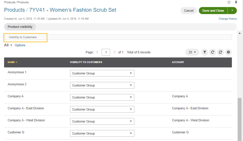 View the product Visibility to Customers settings