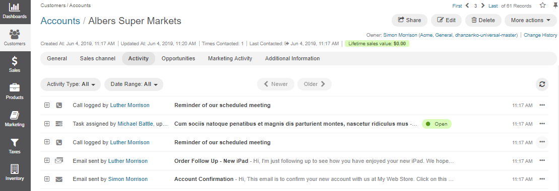 The activity section on the account page, displaying assigned tasks, added notes and calendar events, and logged calls