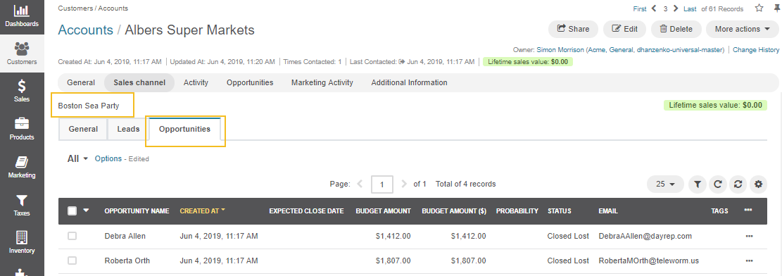 Opportunities for customers displayed in the sales channel on the account page