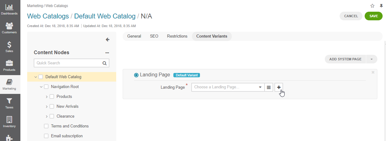 Create a new landing page from the web catalog page