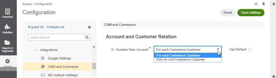 System configuration settings for CRM and Commerce