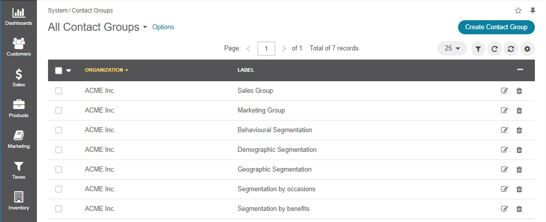 The actions available to contact groups from the grid