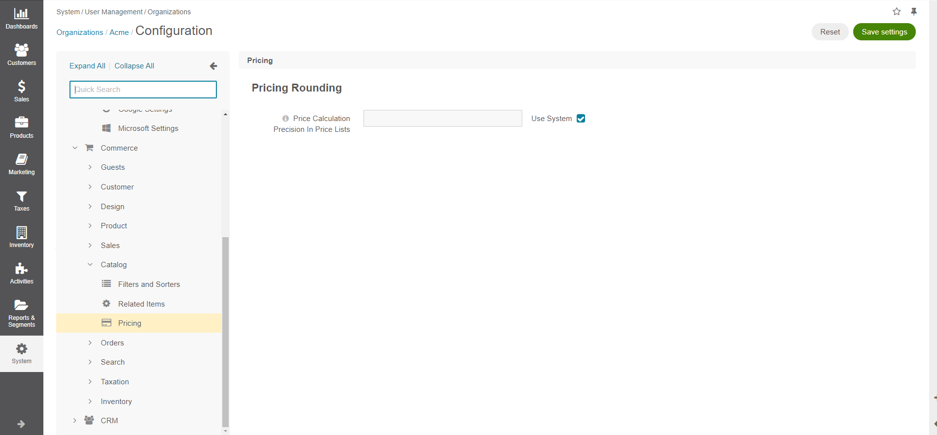 Pricing configuration page on the organization level with standard CPL pricing