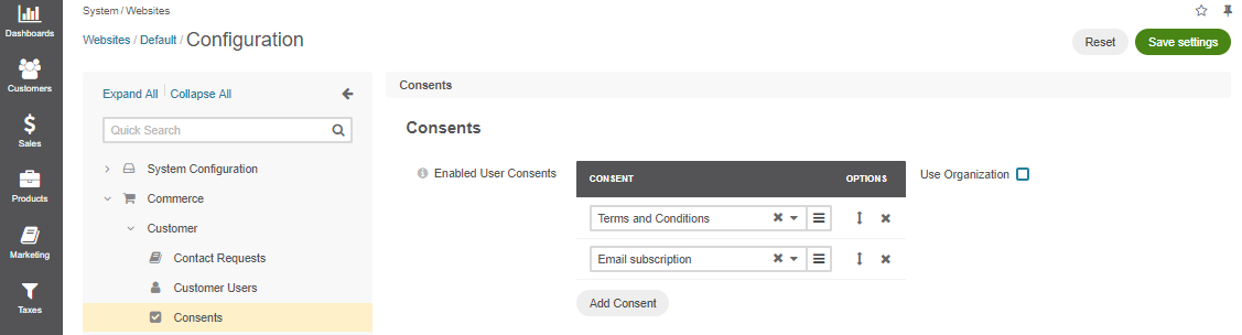 Enable consents checkbox on the website level