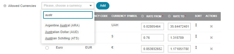 Selecting the currency from the dropdown list