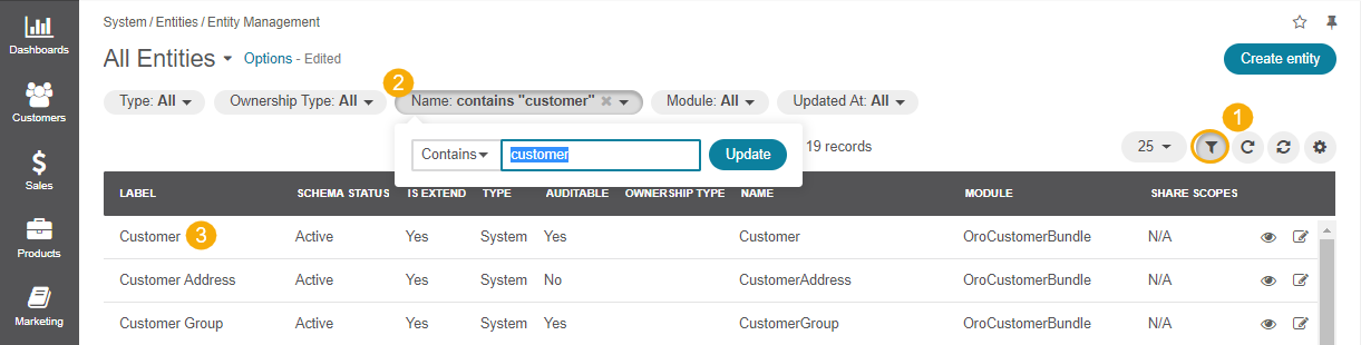 Navigating to the customer entity using filters