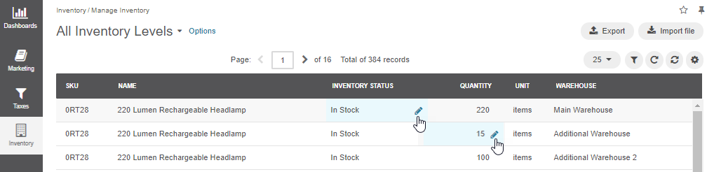 Adjusting inventory levels from the inventory registry page