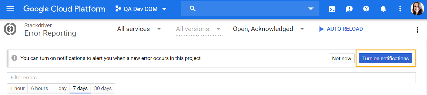 Turn on error notifications in GCP