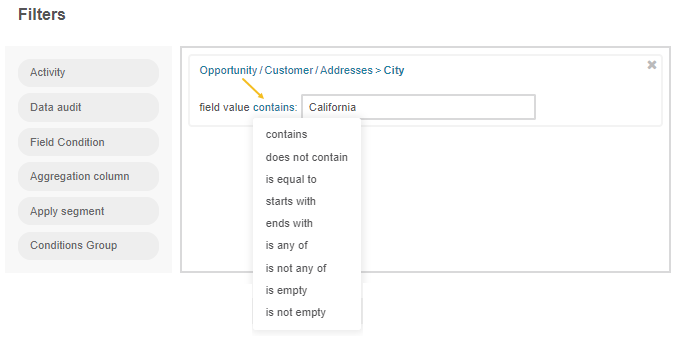 Filtering the opportunity record by customer name and city that contains California