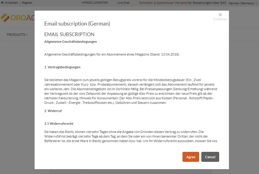 A sample of the consent landing page translated to German