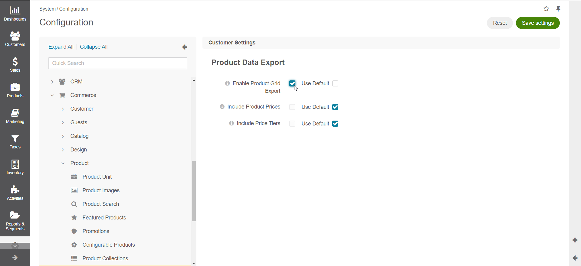 Product data export configuration options on global level