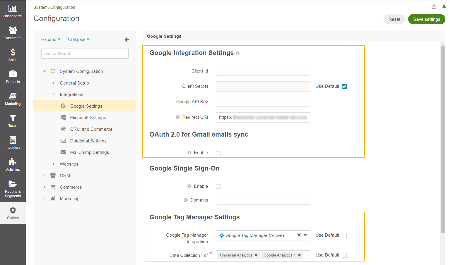 Global Google Integration settings