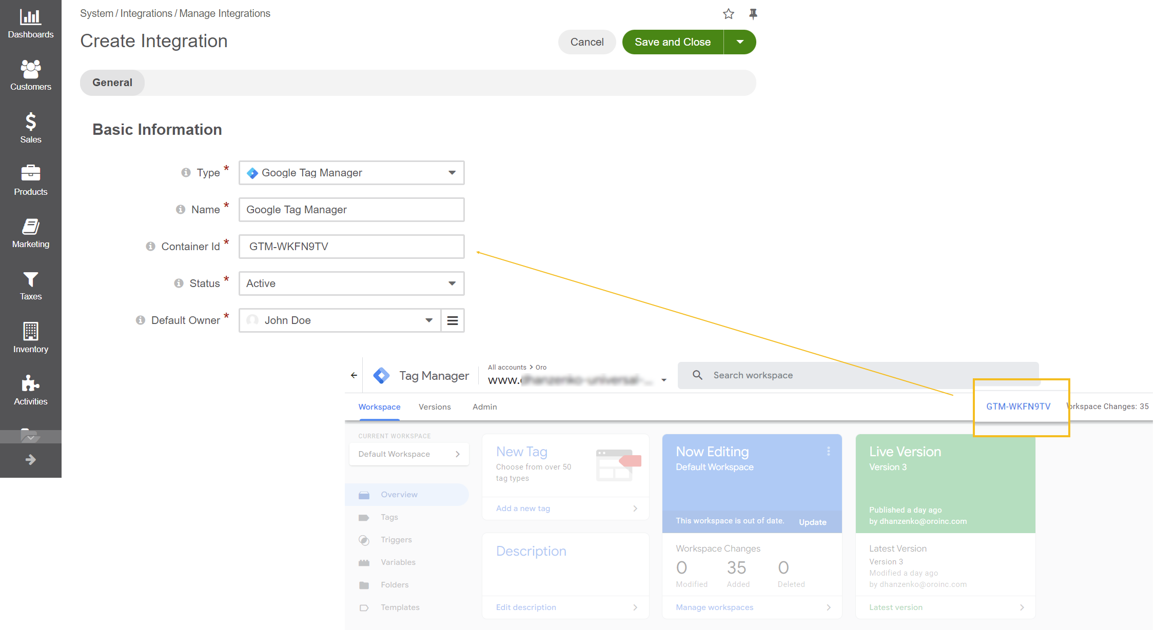 Google tag manager integration creation form