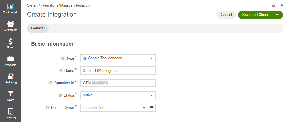 Google tag manager integration creation form