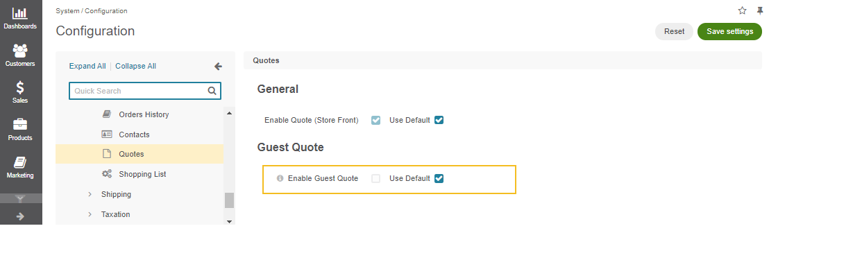 Global guest quote configuration settings