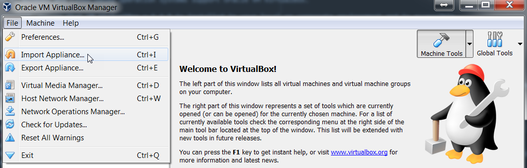 Importing a virtual machine image via virtualbox