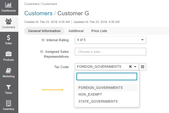 Select the tax code that matches customer's tax obligations
