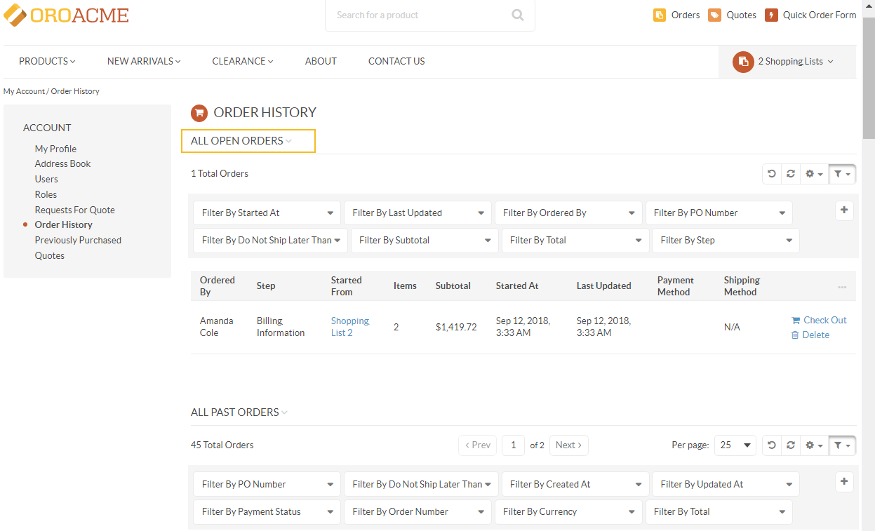Open and past orders on the same page in orocommerce storefront