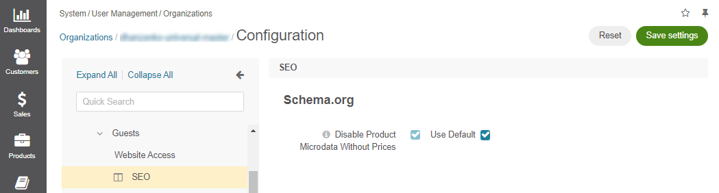 SEO settings configuration per organization