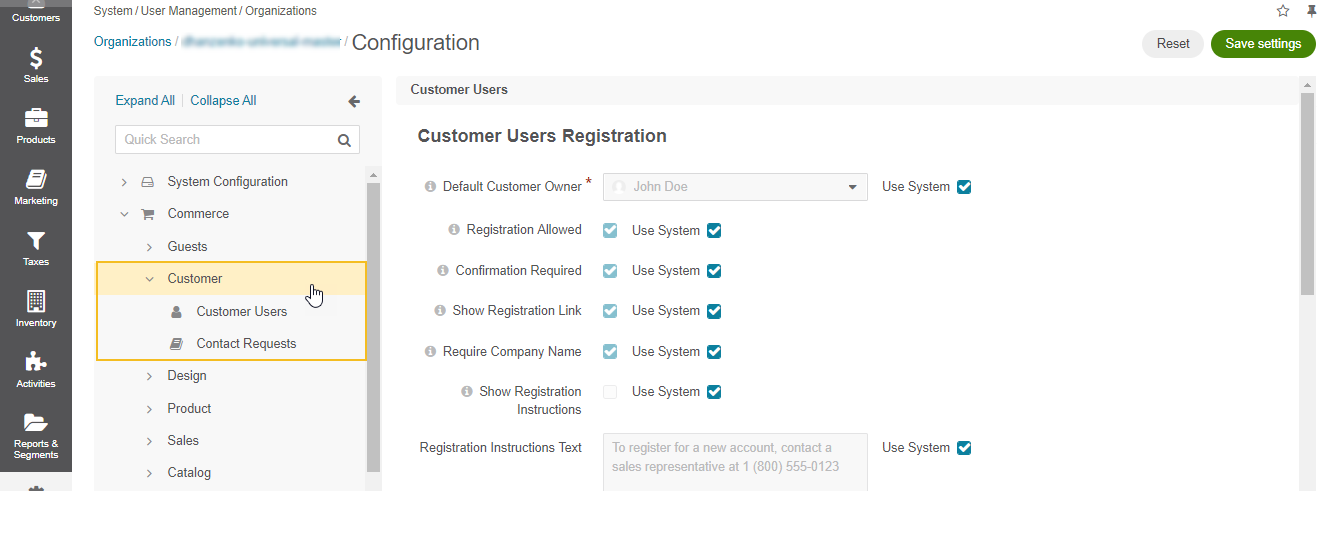 Customer settings per organization