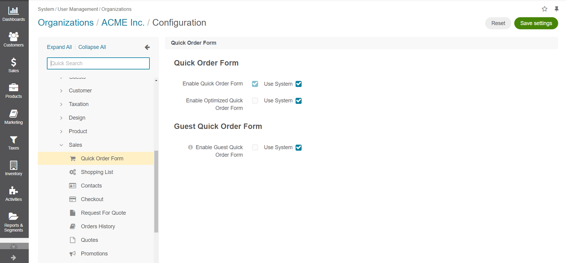 Configure quick order form per organization