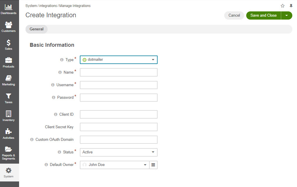 Creating the integration on the Oro application side