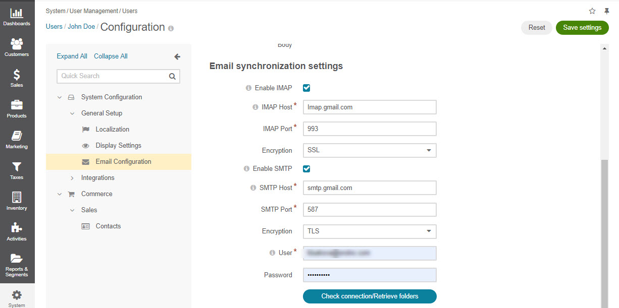 Email synchronization settings configuration on the user level