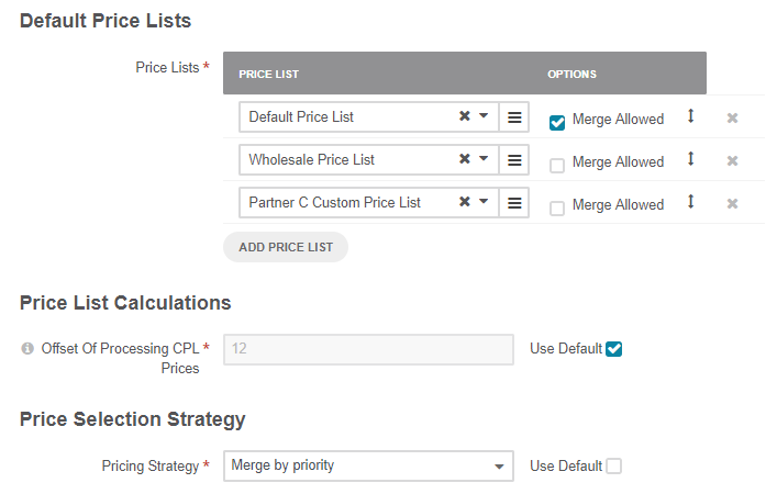 Default price lists configuration when merge allowed is selected