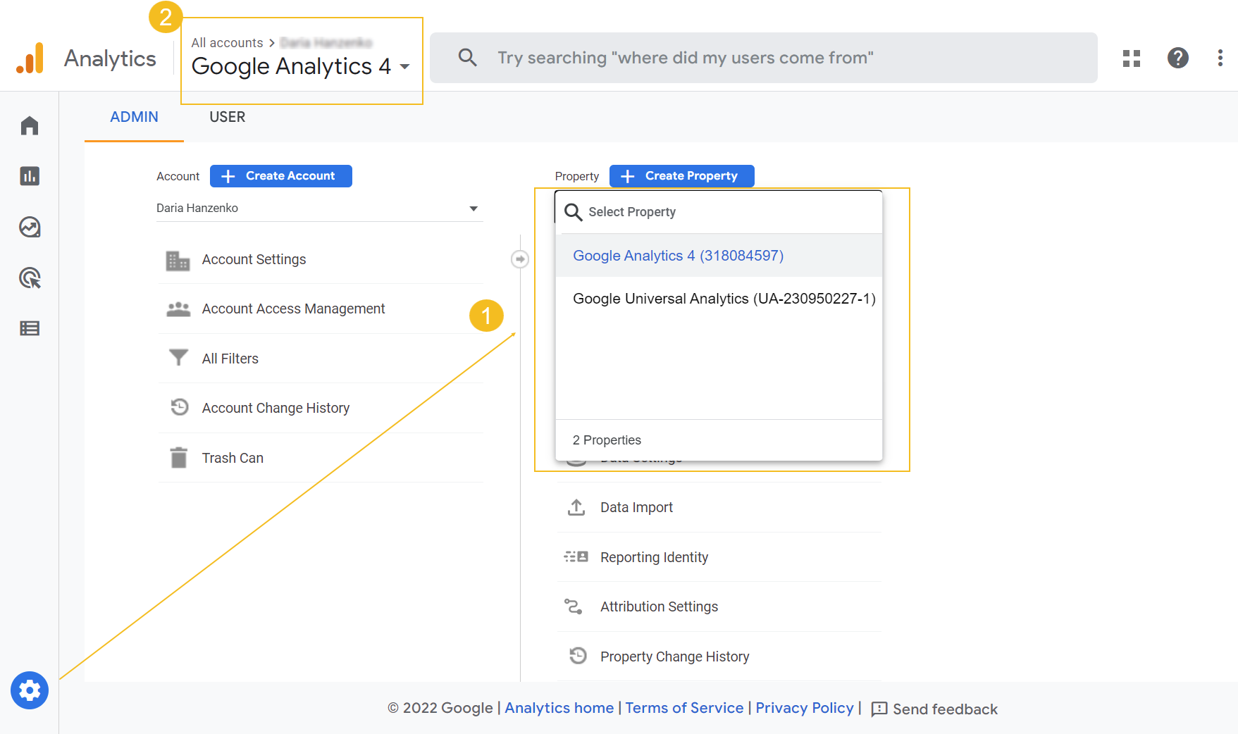 Accessing both Google Universal and Google Analytics 4 properties from the Admin panel and from the property switcher
