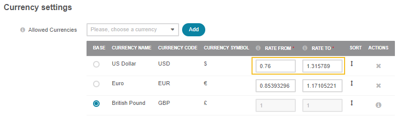 Demonstrate the example of the currency calculation provided that the rate of US dollar to British pound is 1 to 0.76