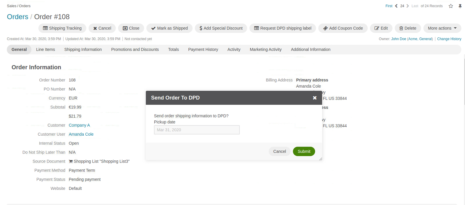 Requesting dpd shipping label on the order view page