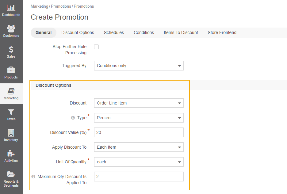 View the promotion discount options configured based on the conditions from the example