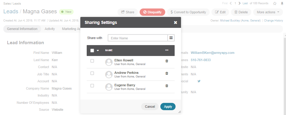 The sharing configuration settings