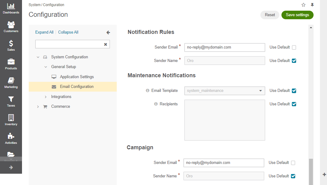 Global email configuration settings