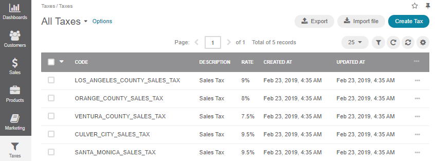 The page of all available tax rates