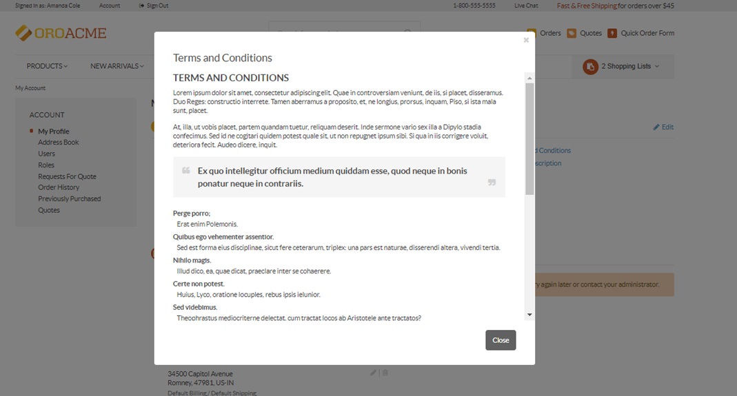 A sample of the Terms and Conditions landing page