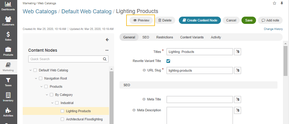 Clicking Preview on the top right of the Lighting  Products content node