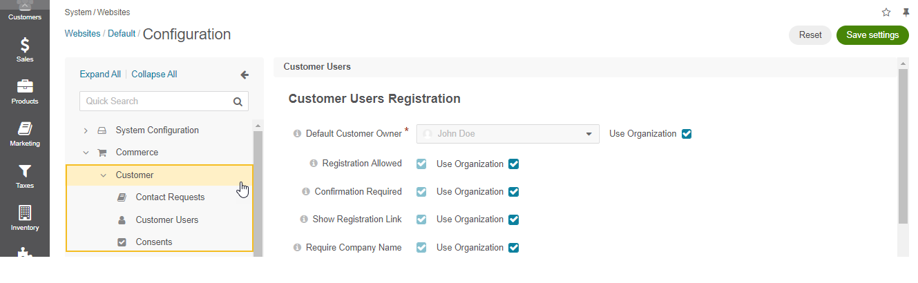 Customer settings per website