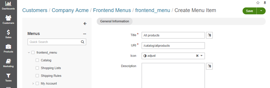 Adding the All Products page to the frontend menu for Acme Company