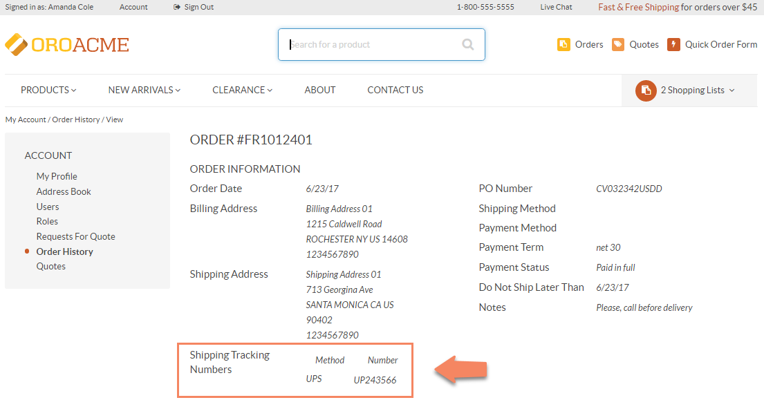 Display the shipping tracking number in the Order History section of the customer account menu in the storefront