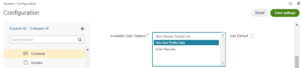 Selecting the Use User Profile Data option in the Available User Options section in the system configuration