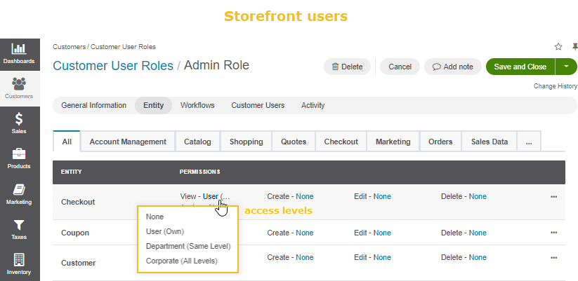 Access levels for storefront user roles