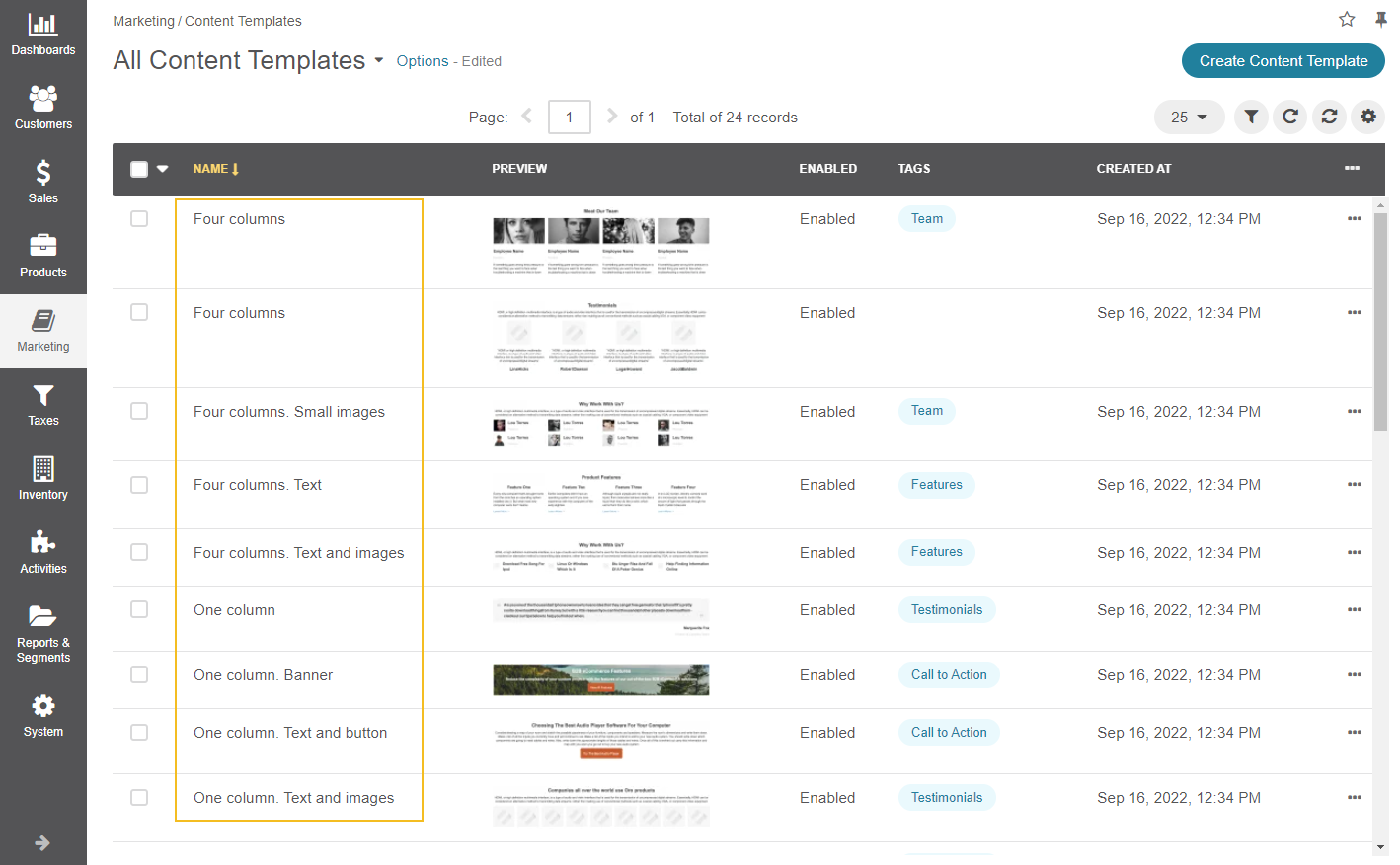 The page that lists all content template samples