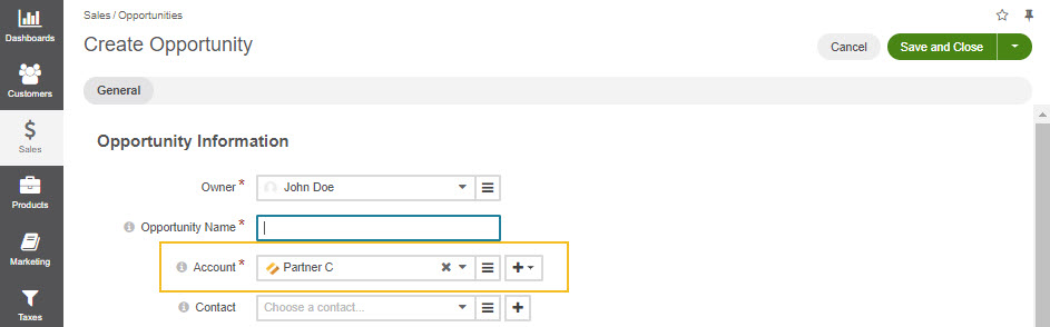 Account field predefined with commerce customer info