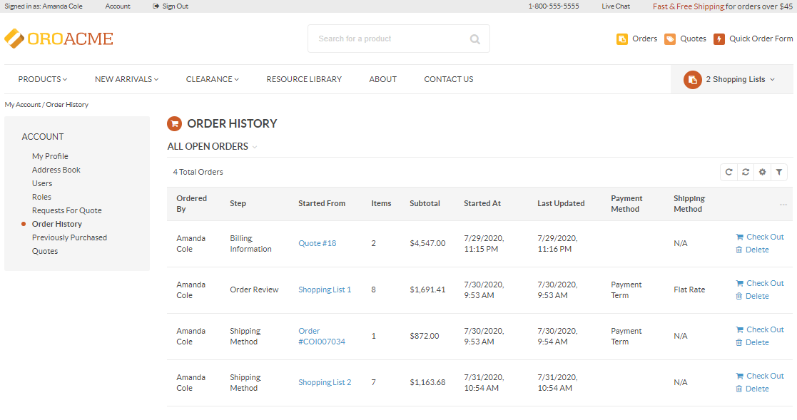 Compiled info about ongoing checkouts under the Order History section of your Account menu