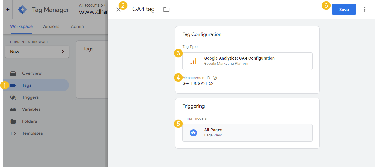The steps to be performed to configure a GA4 tag