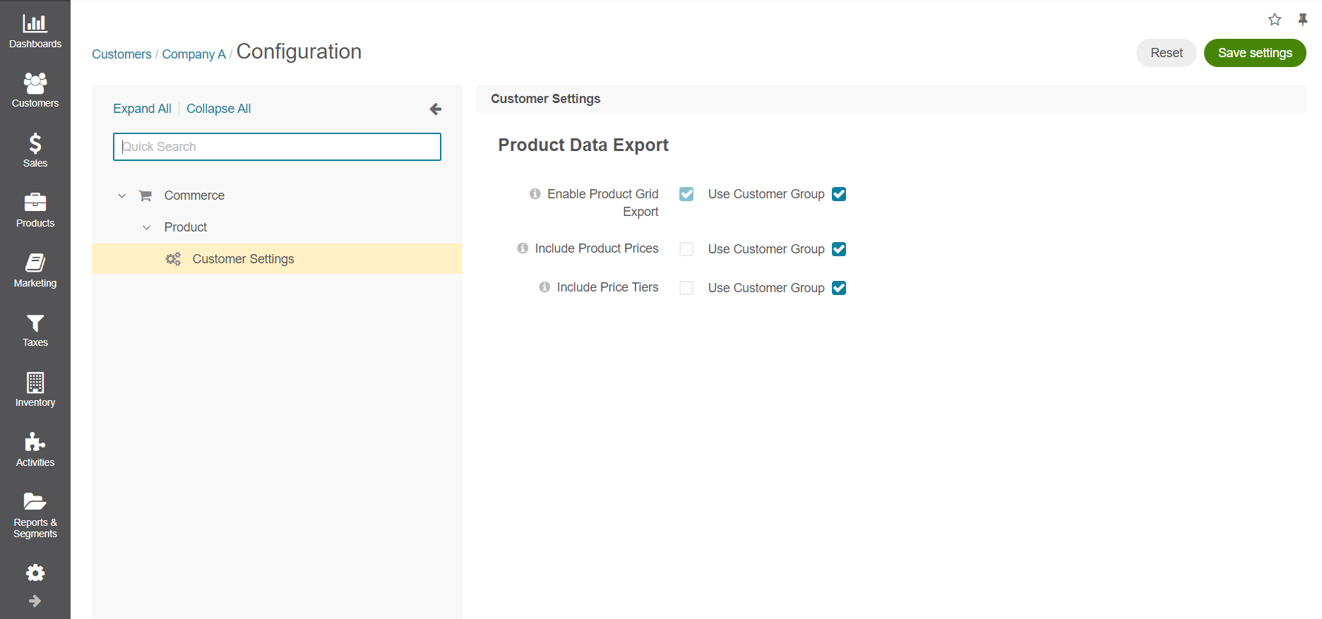 Product data export configuration options on customer level