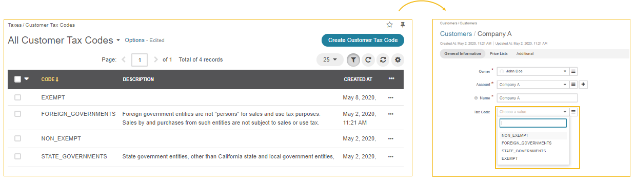 Illustration of applying customer tax codes to a customer